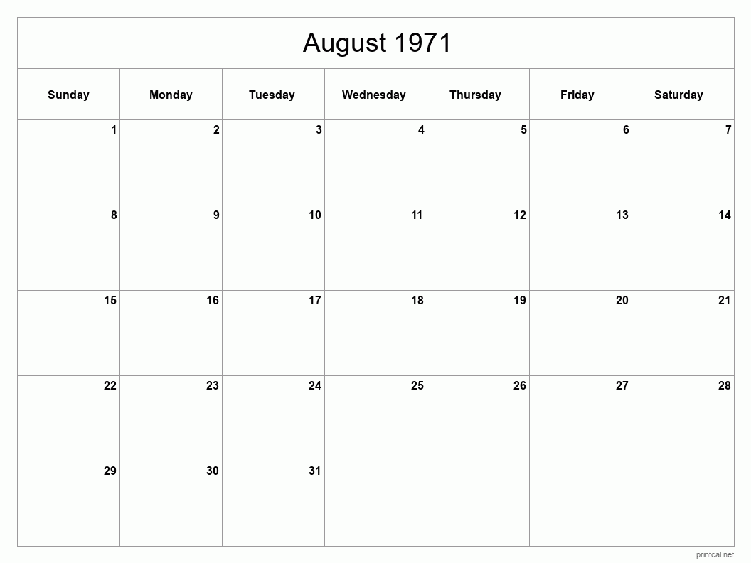 August 1971 Printable Calendar - Classic Blank Sheet