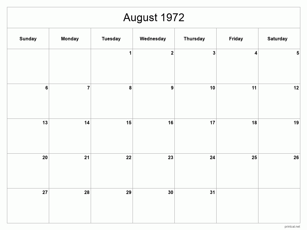 August 1972 Printable Calendar - Classic Blank Sheet