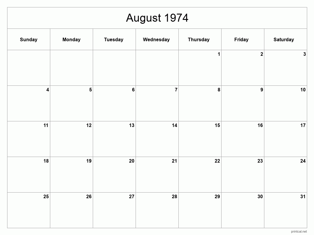 August 1974 Printable Calendar - Classic Blank Sheet