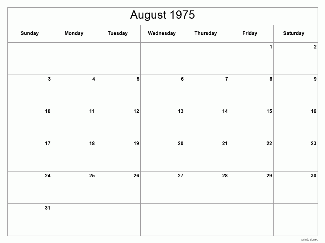 August 1975 Printable Calendar - Classic Blank Sheet