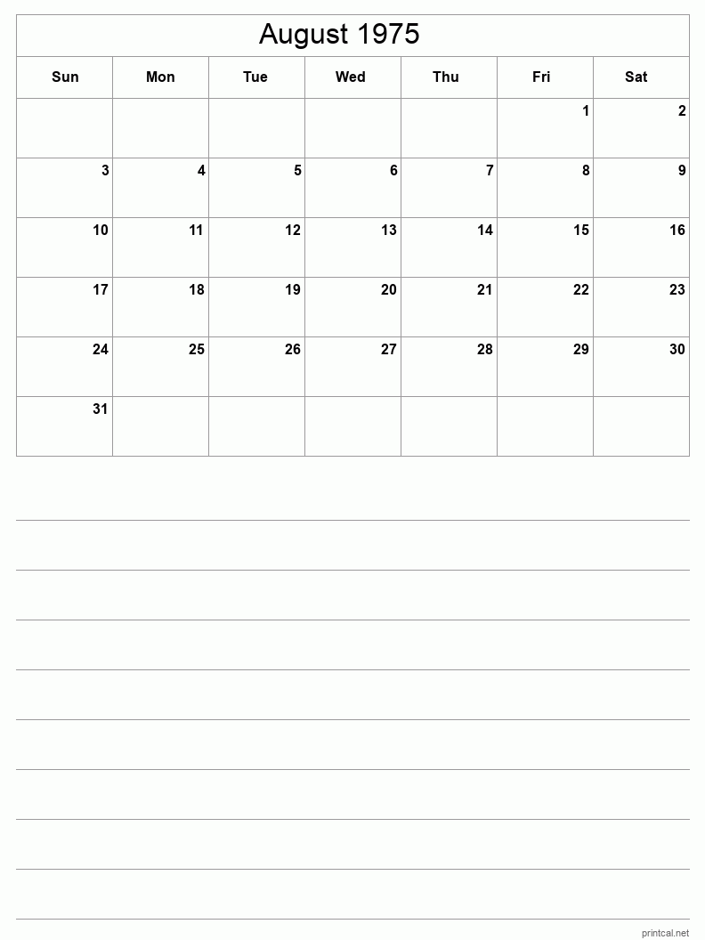 August 1975 Printable Calendar - Half-Page With Notesheet