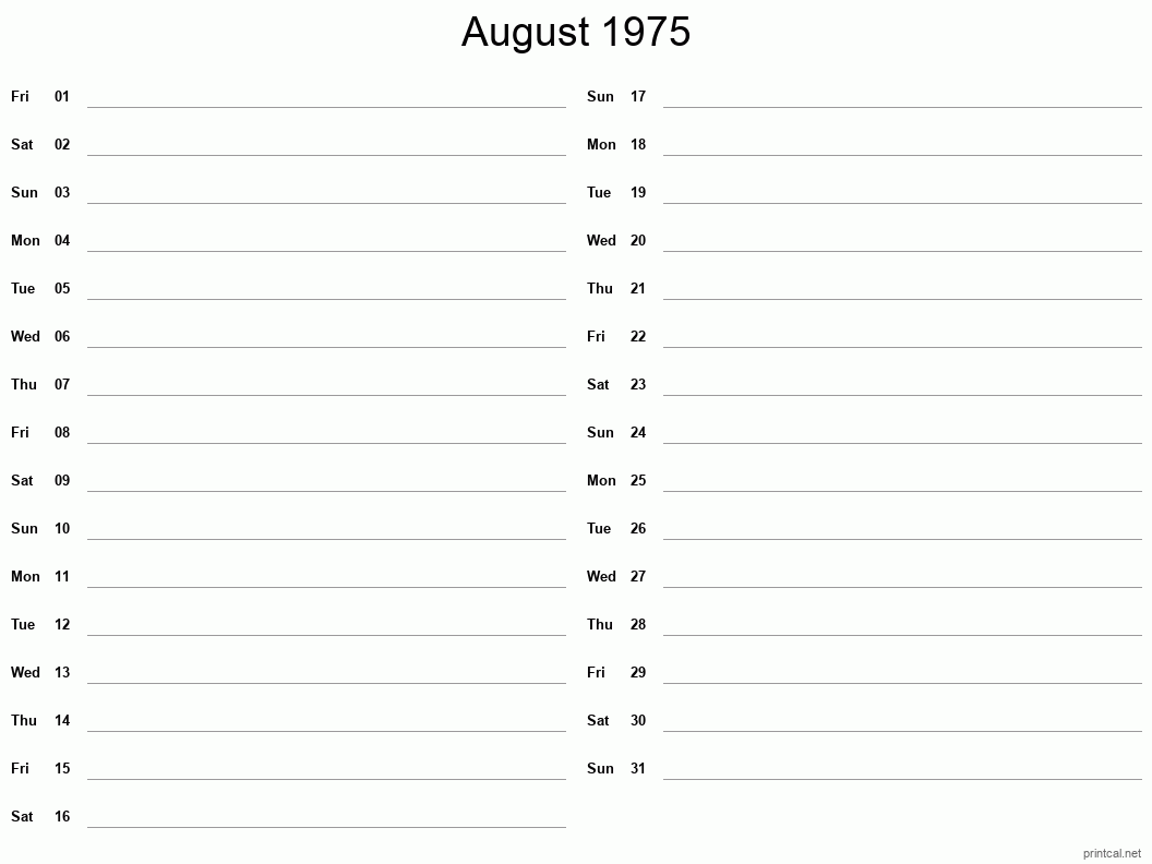 August 1975 Printable Calendar - Two Column Notesheet