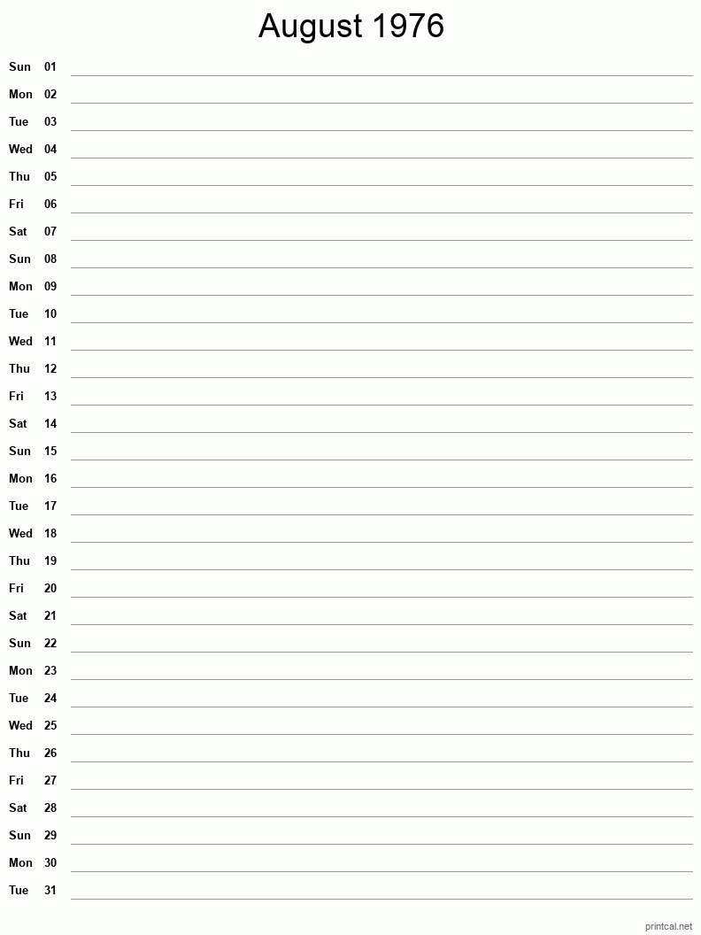 August 1976 Printable Calendar - Single Column Notesheet