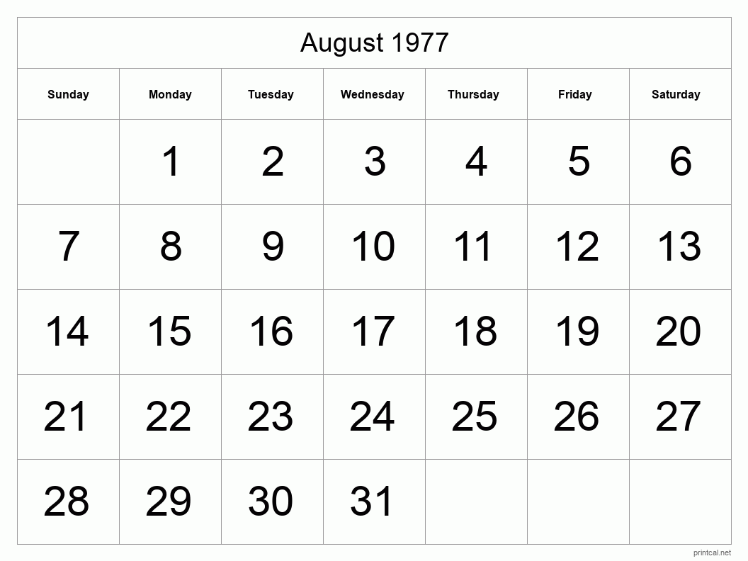 August 1977 Printable Calendar - Big Dates