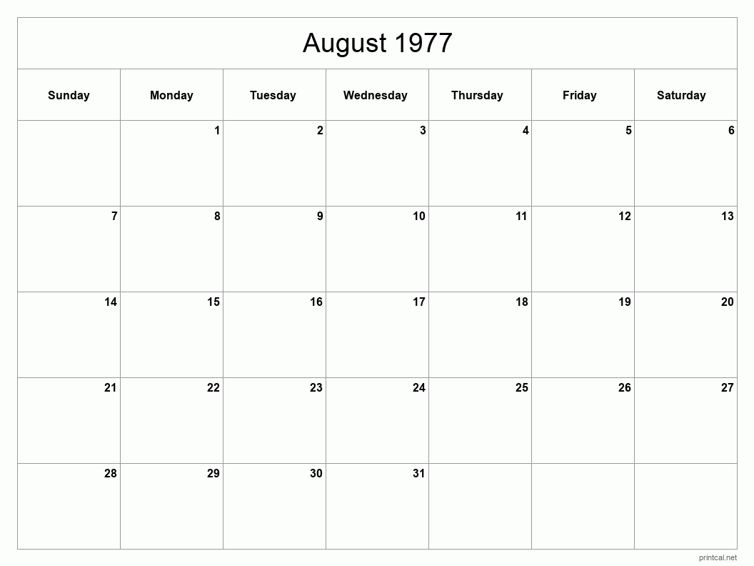 August 1977 Printable Calendar - Classic Blank Sheet