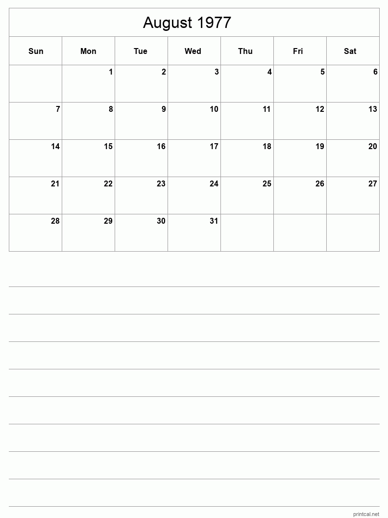 August 1977 Printable Calendar - Half-Page With Notesheet