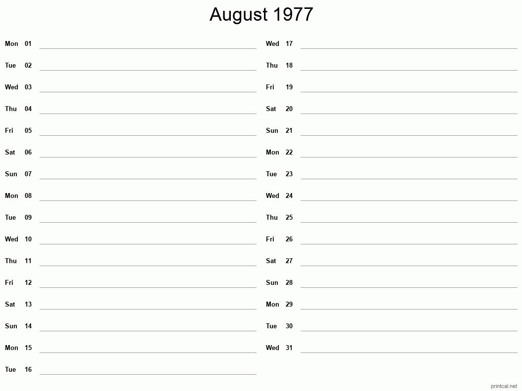 August 1977 Printable Calendar - Two Column Notesheet