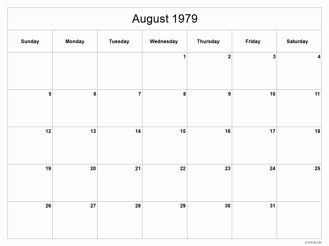 August 1979 Printable Calendar - Classic Blank Sheet