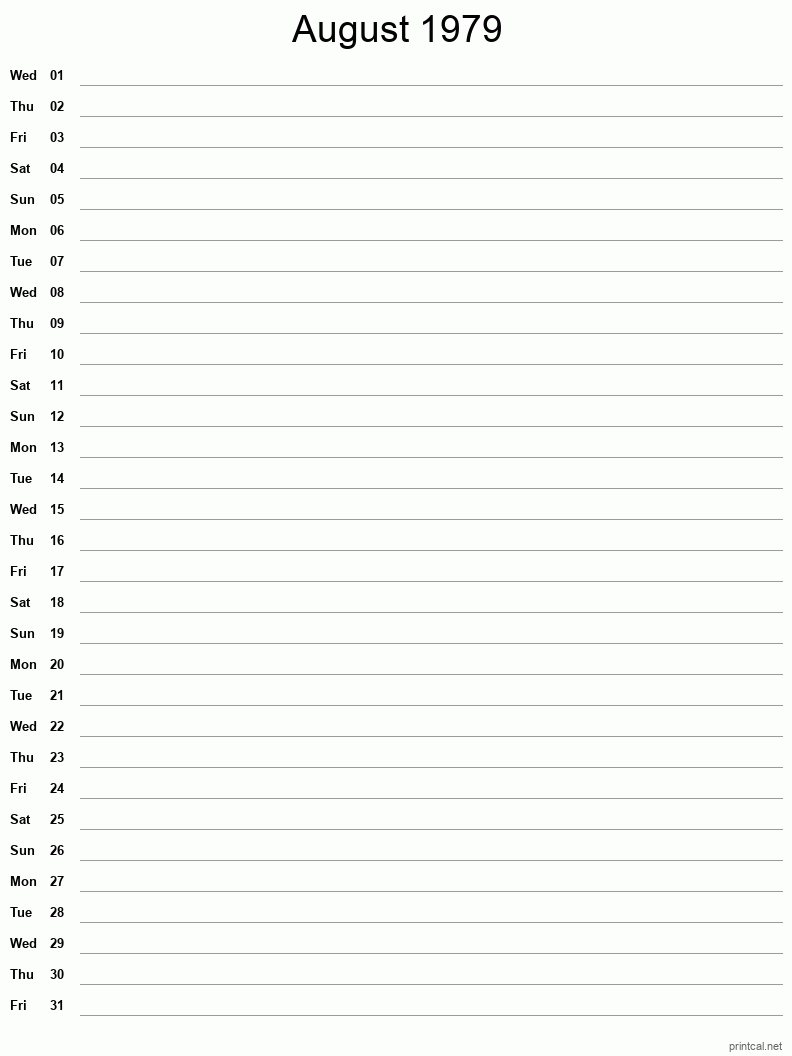 August 1979 Printable Calendar - Single Column Notesheet