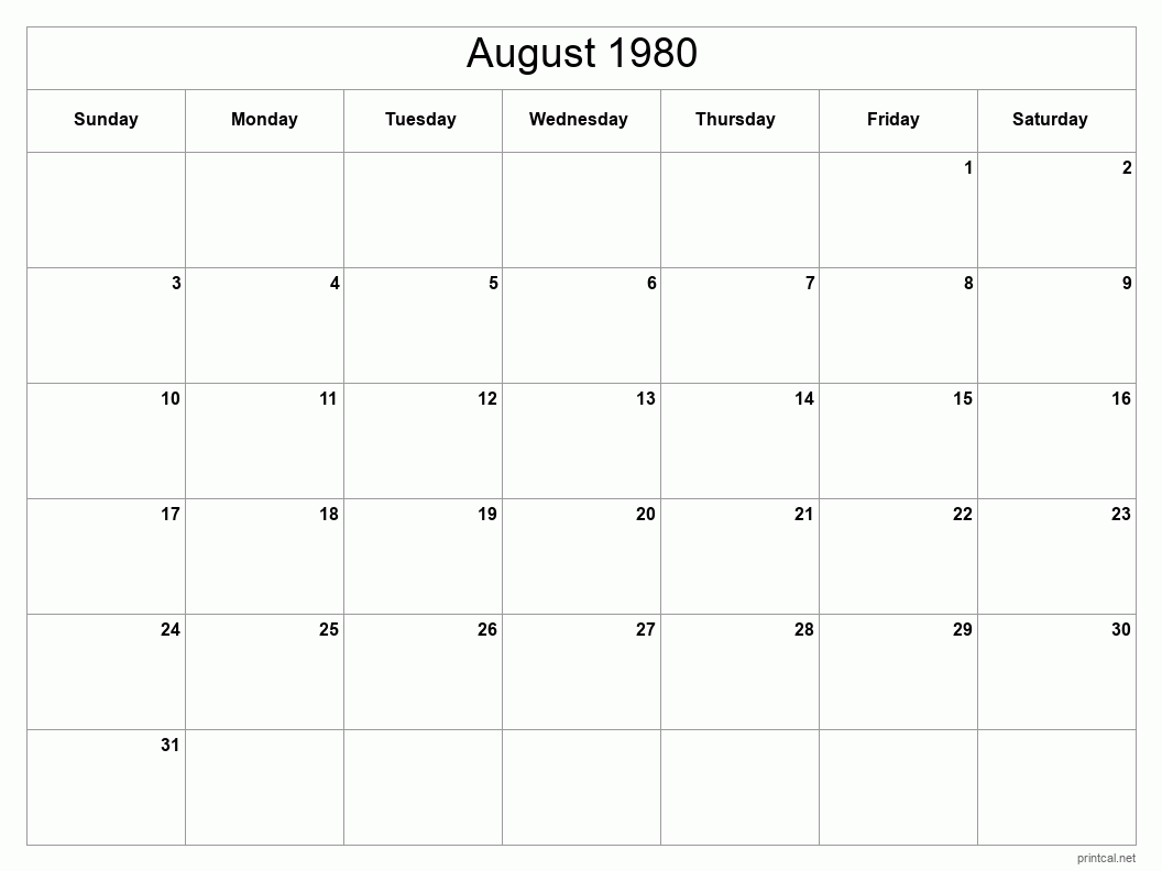 August 1980 Printable Calendar - Classic Blank Sheet