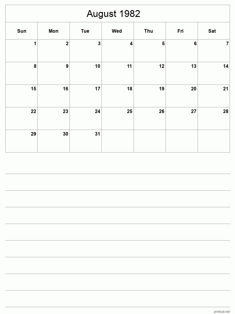 August 1982 Printable Calendar - Half-Page With Notesheet