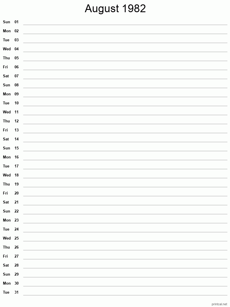 August 1982 Printable Calendar - Single Column Notesheet