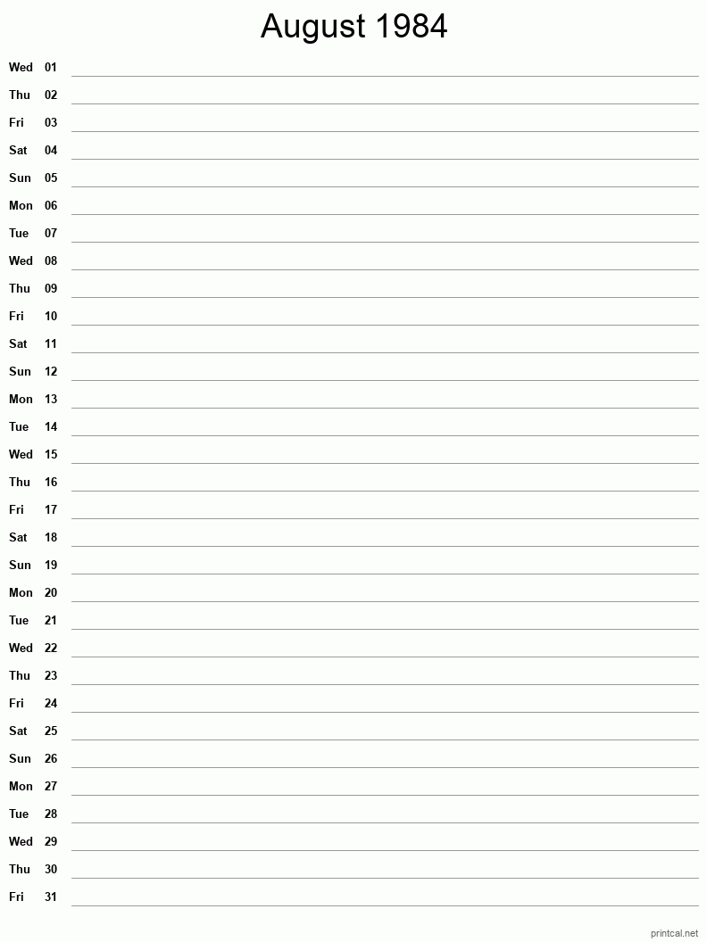 August 1984 Printable Calendar - Single Column Notesheet