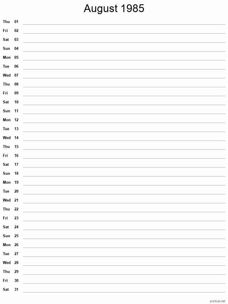 August 1985 Printable Calendar - Single Column Notesheet