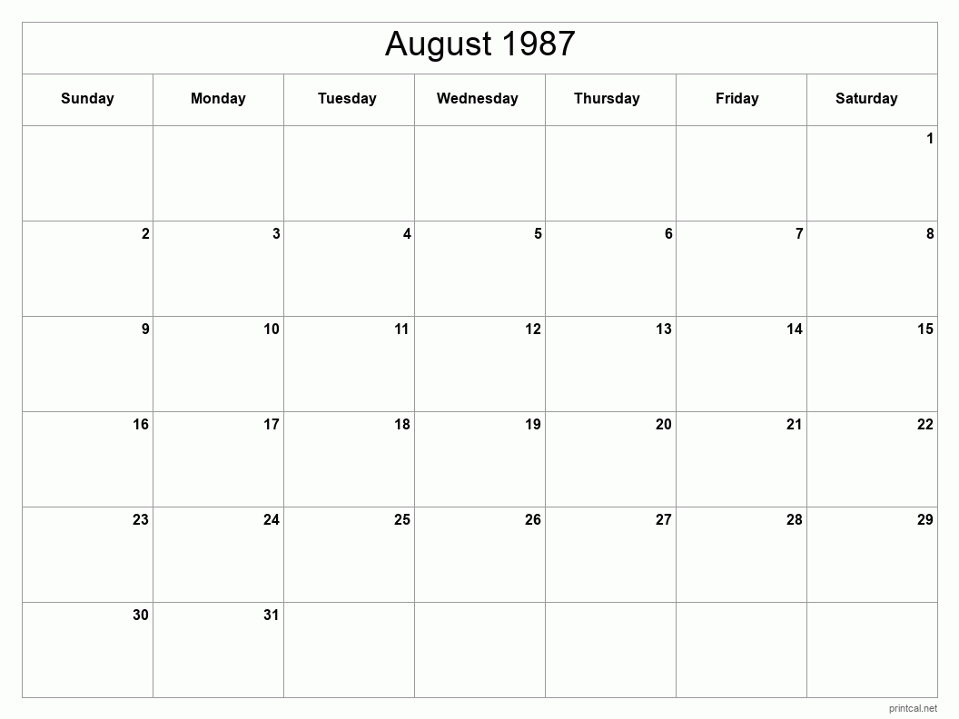 August 1987 Printable Calendar - Classic Blank Sheet