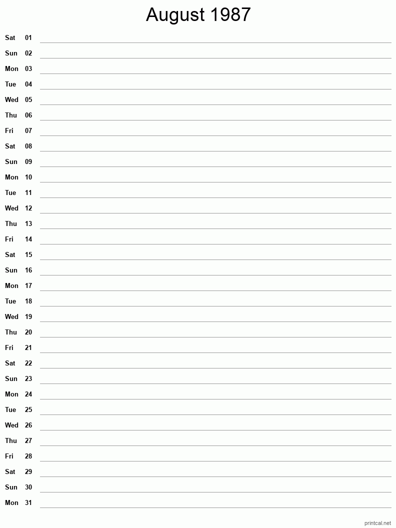 August 1987 Printable Calendar - Single Column Notesheet