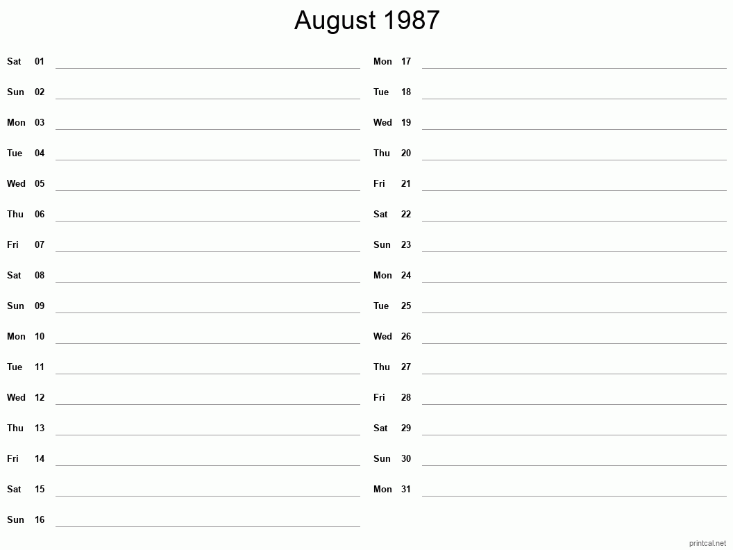 August 1987 Printable Calendar - Two Column Notesheet