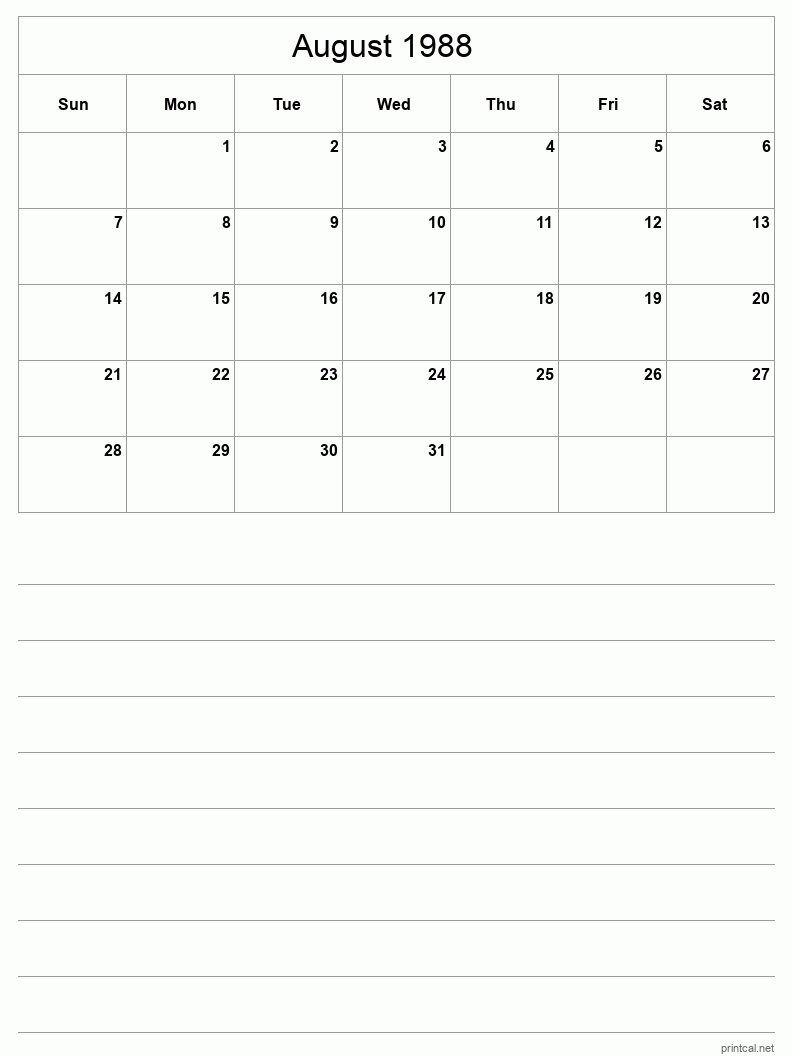 August 1988 Printable Calendar - Half-Page With Notesheet