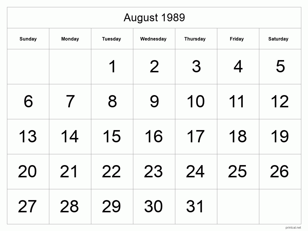 August 1989 Printable Calendar - Big Dates