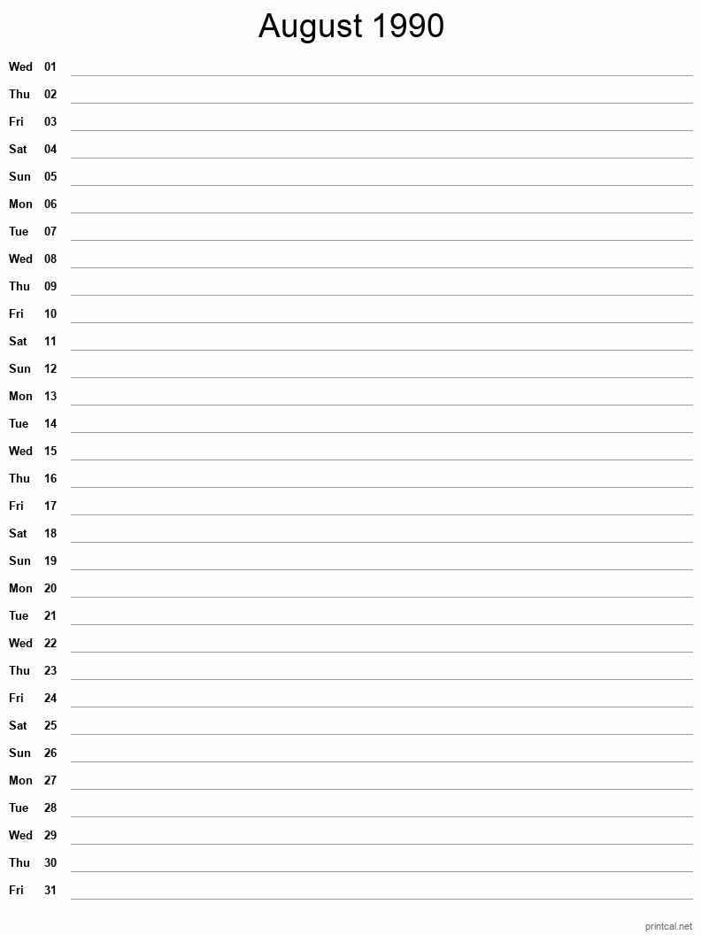 August 1990 Printable Calendar - Single Column Notesheet