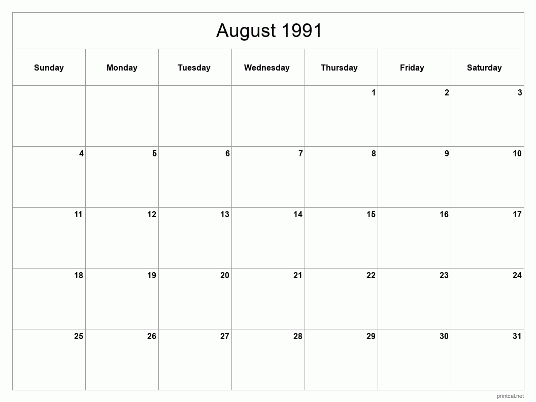 August 1991 Printable Calendar - Classic Blank Sheet