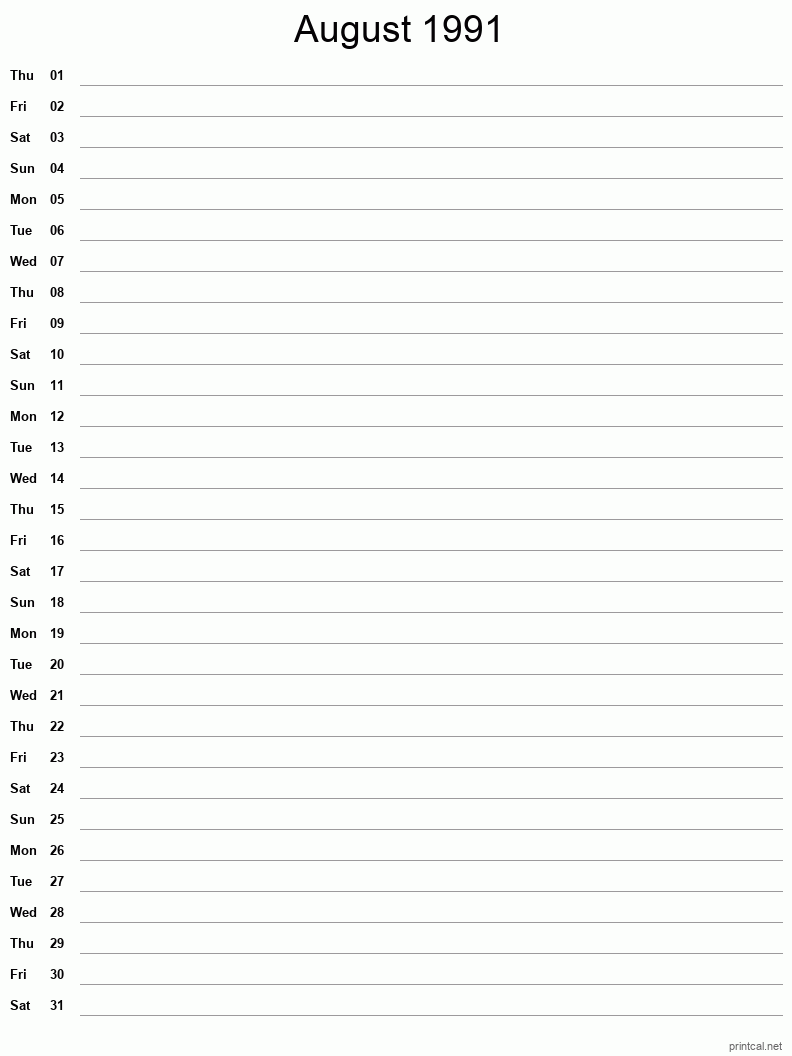 August 1991 Printable Calendar - Single Column Notesheet