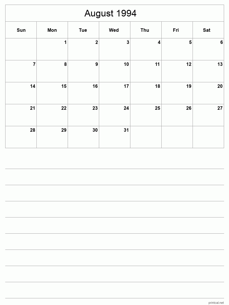 August 1994 Printable Calendar - Half-Page With Notesheet