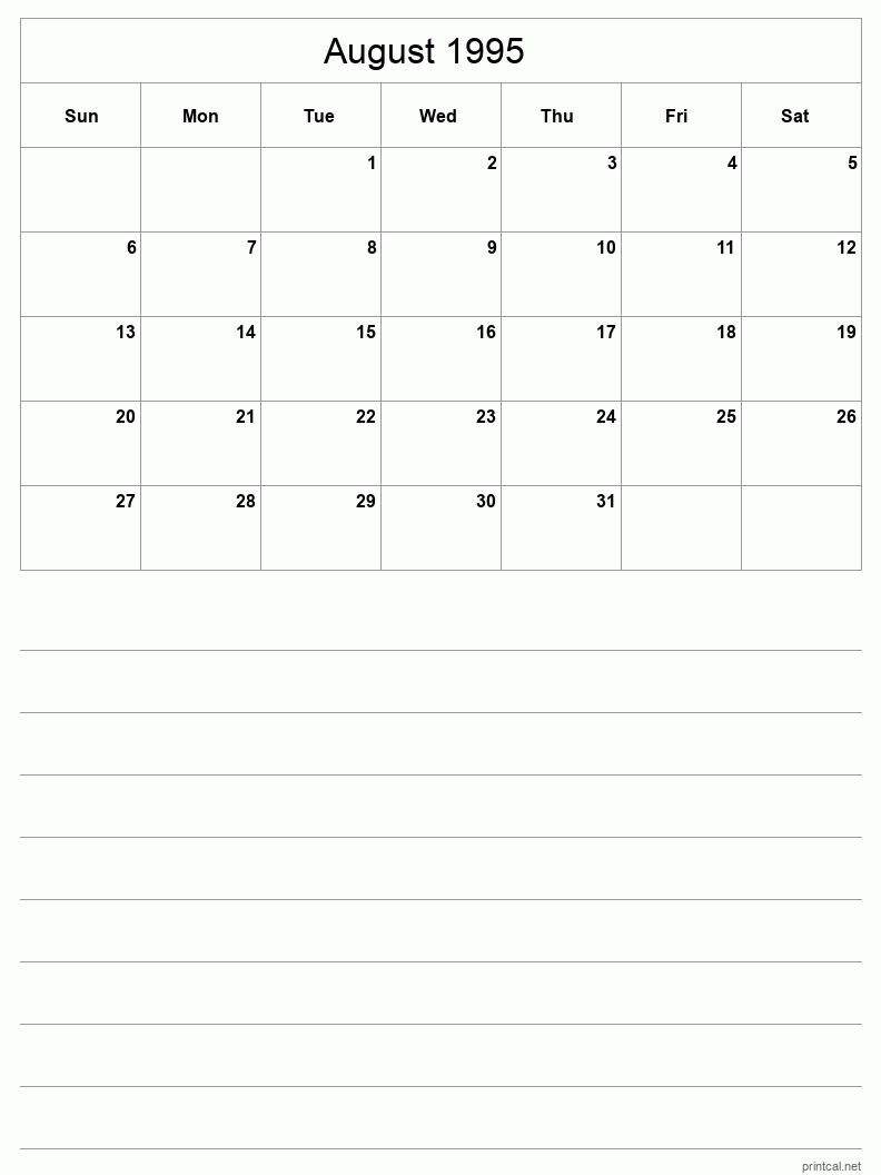 August 1995 Printable Calendar - Half-Page With Notesheet