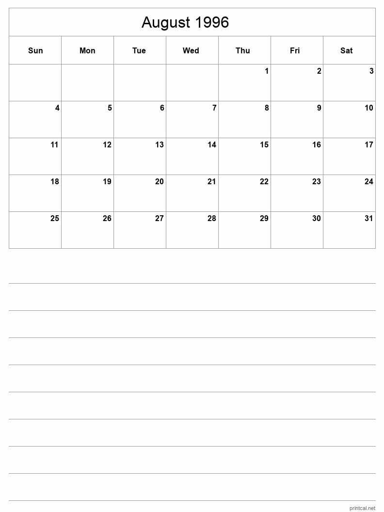 August 1996 Printable Calendar - Half-Page With Notesheet