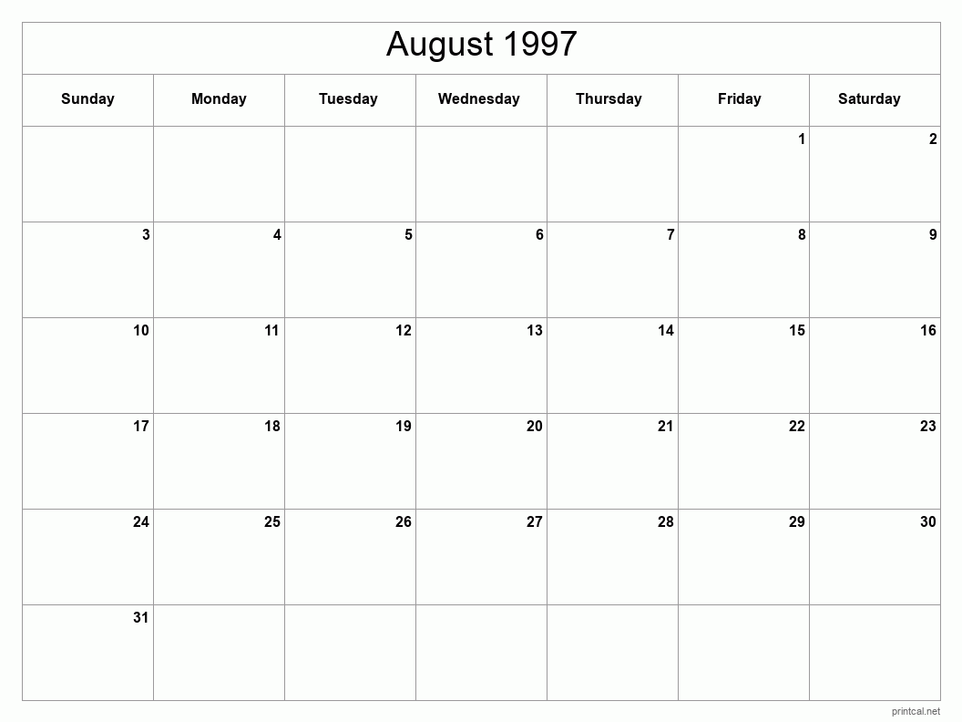 August 1997 Printable Calendar - Classic Blank Sheet