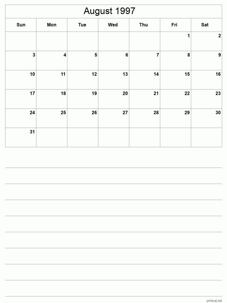 August 1997 Printable Calendar - Half-Page With Notesheet