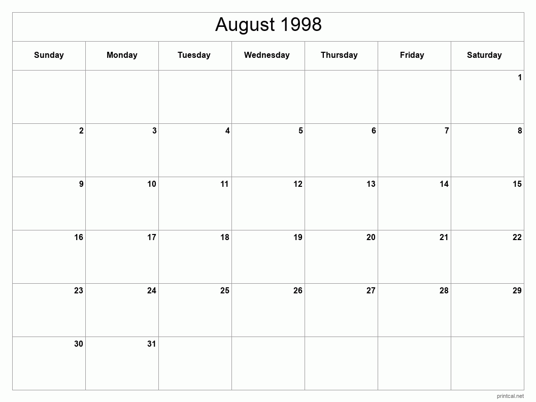 August 1998 Printable Calendar - Classic Blank Sheet