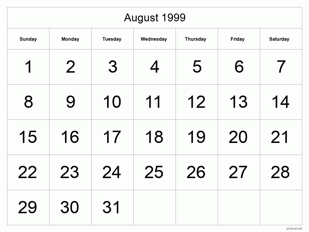 August 1999 Printable Calendar - Big Dates