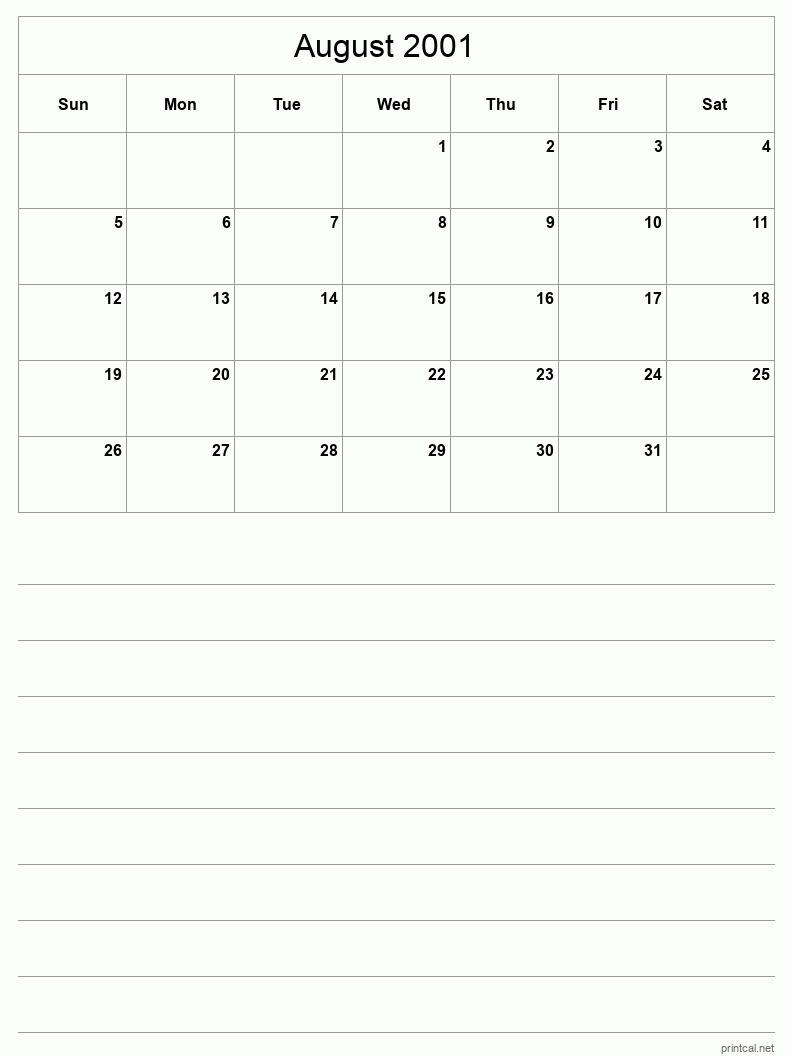 August 2001 Printable Calendar - Half-Page With Notesheet