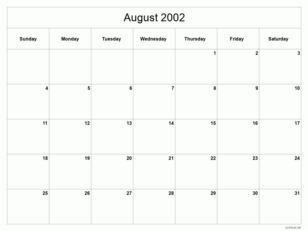 August 2002 Printable Calendar - Classic Blank Sheet