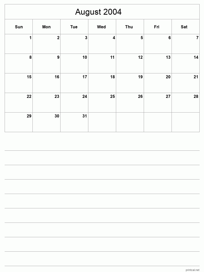 August 2004 Printable Calendar - Half-Page With Notesheet