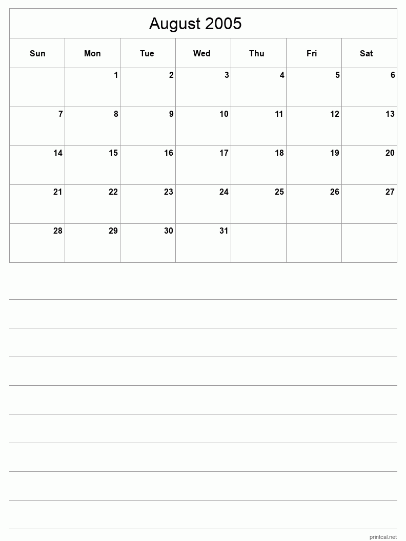 August 2005 Printable Calendar - Half-Page With Notesheet