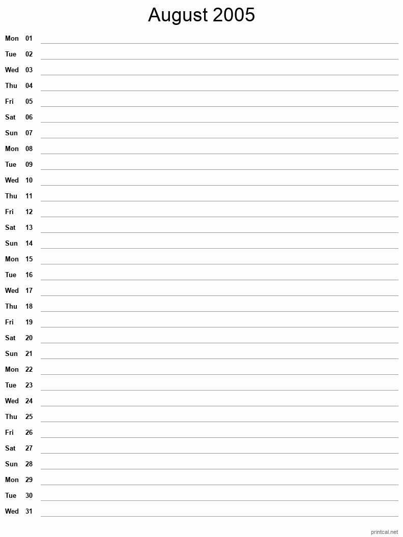 August 2005 Printable Calendar - Single Column Notesheet