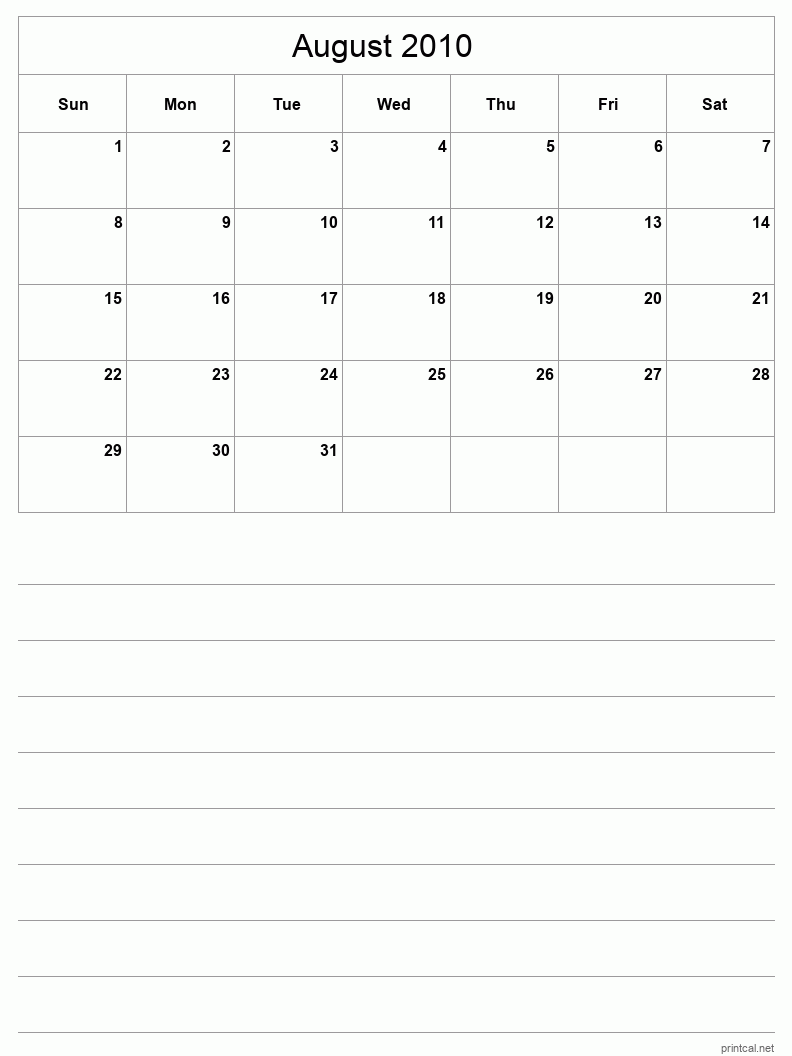 August 2010 Printable Calendar - Half-Page With Notesheet