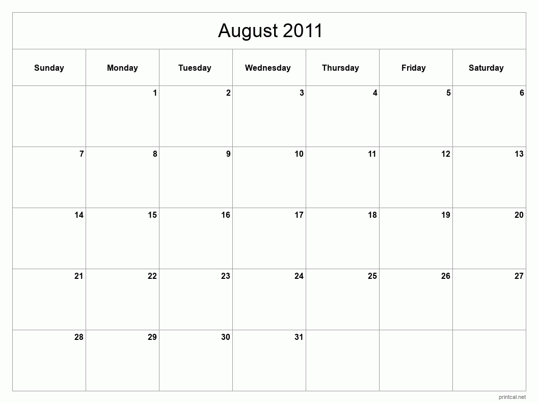 August 2011 Printable Calendar - Classic Blank Sheet