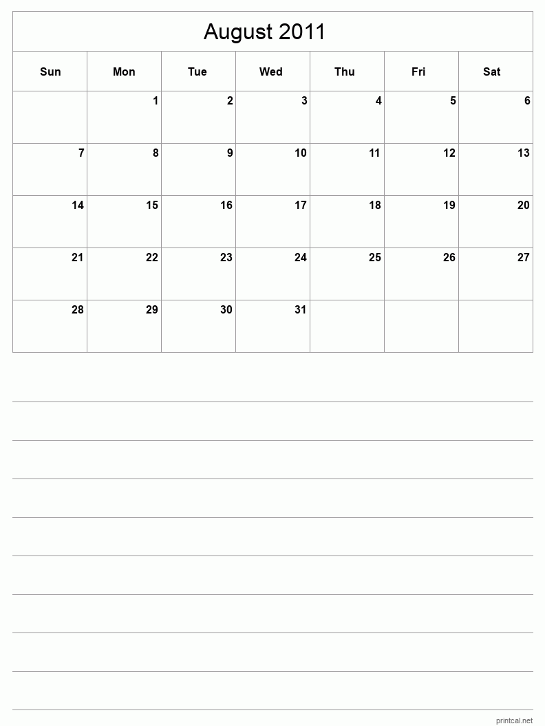 August 2011 Printable Calendar - Half-Page With Notesheet