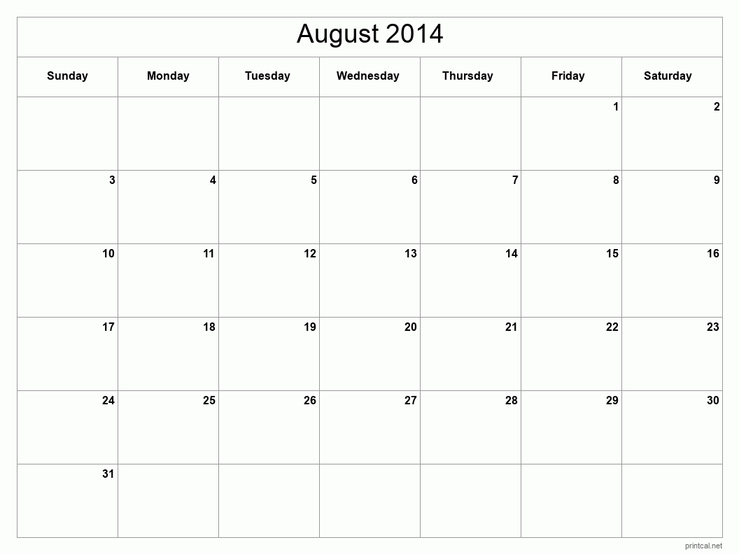 August 2014 Printable Calendar - Classic Blank Sheet