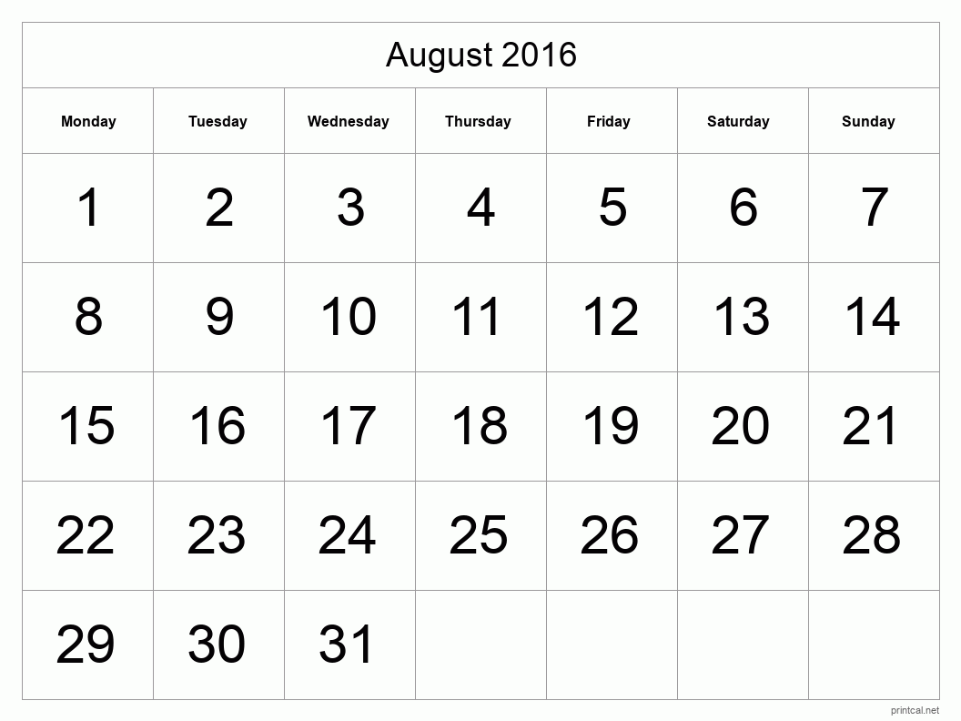 August 2016 Printable Calendar - Big Dates