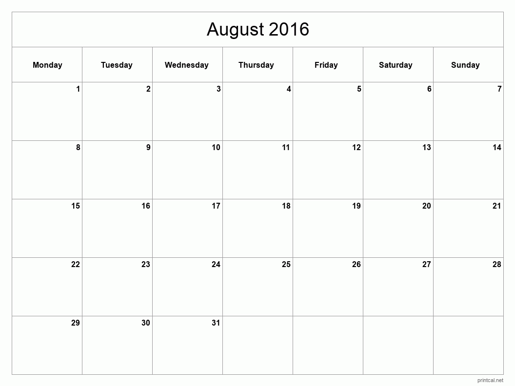 August 2016 Printable Calendar - Classic Blank Sheet