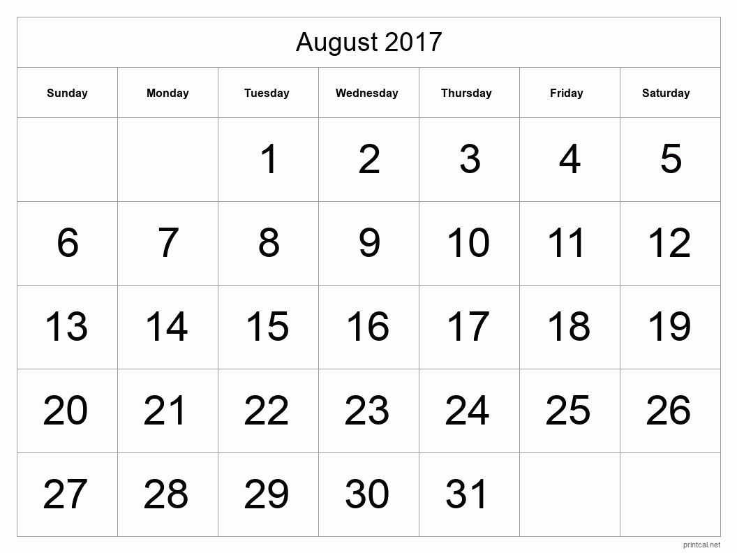August 2017 Printable Calendar - Big Dates