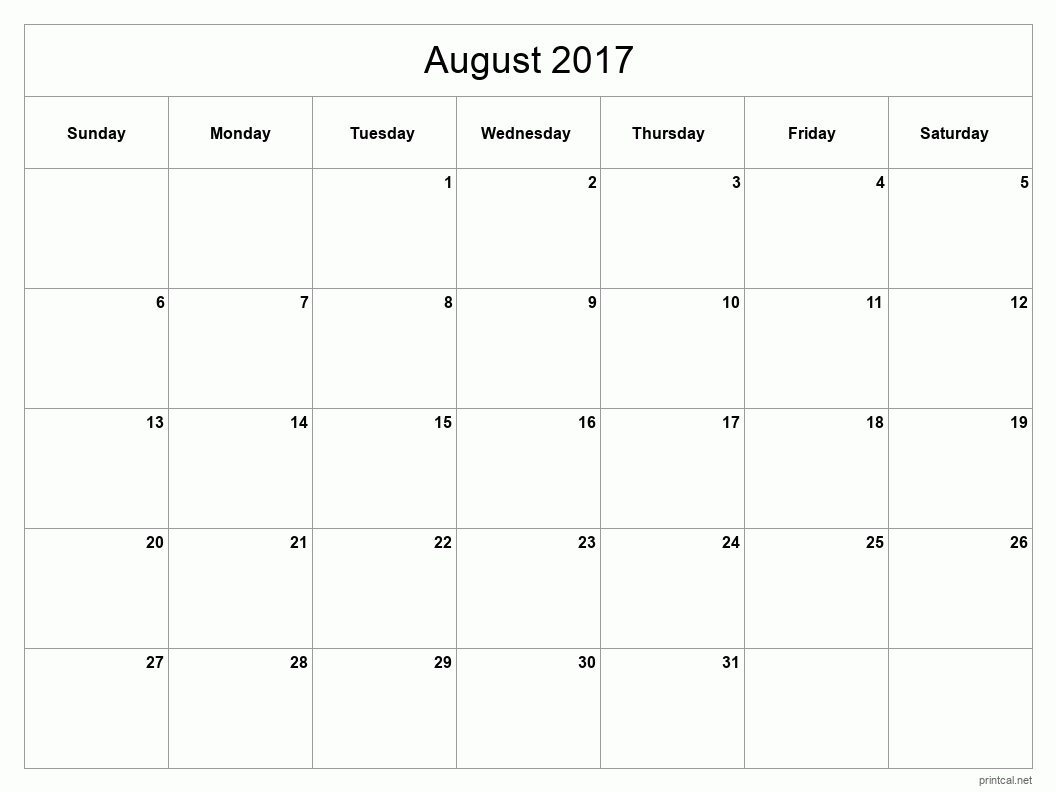 August 2017 Printable Calendar - Classic Blank Sheet
