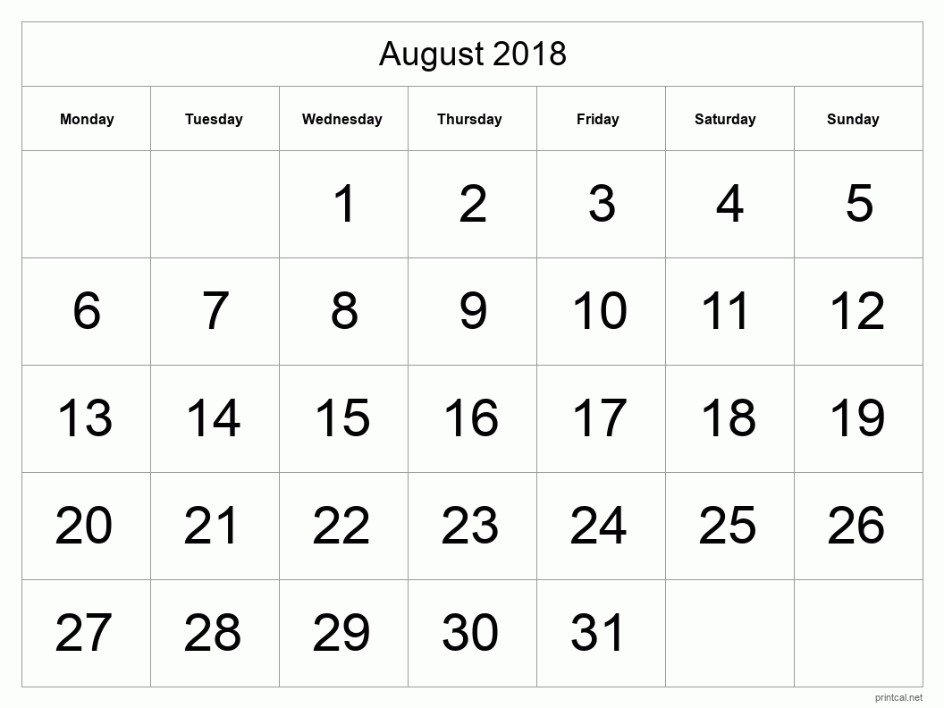 August 2018 Printable Calendar - Big Dates