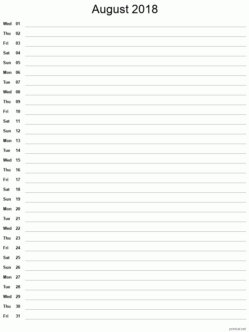 August 2018 Printable Calendar - Single Column Notesheet