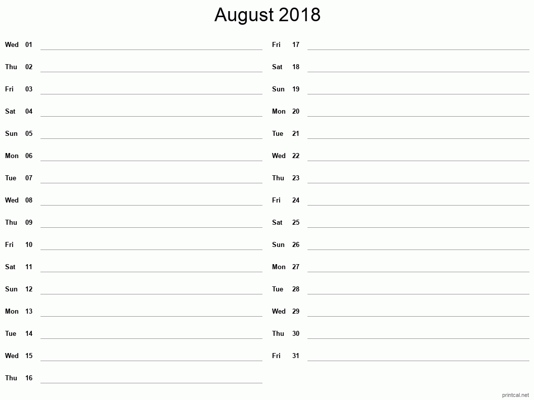August 2018 Printable Calendar - Two Column Notesheet