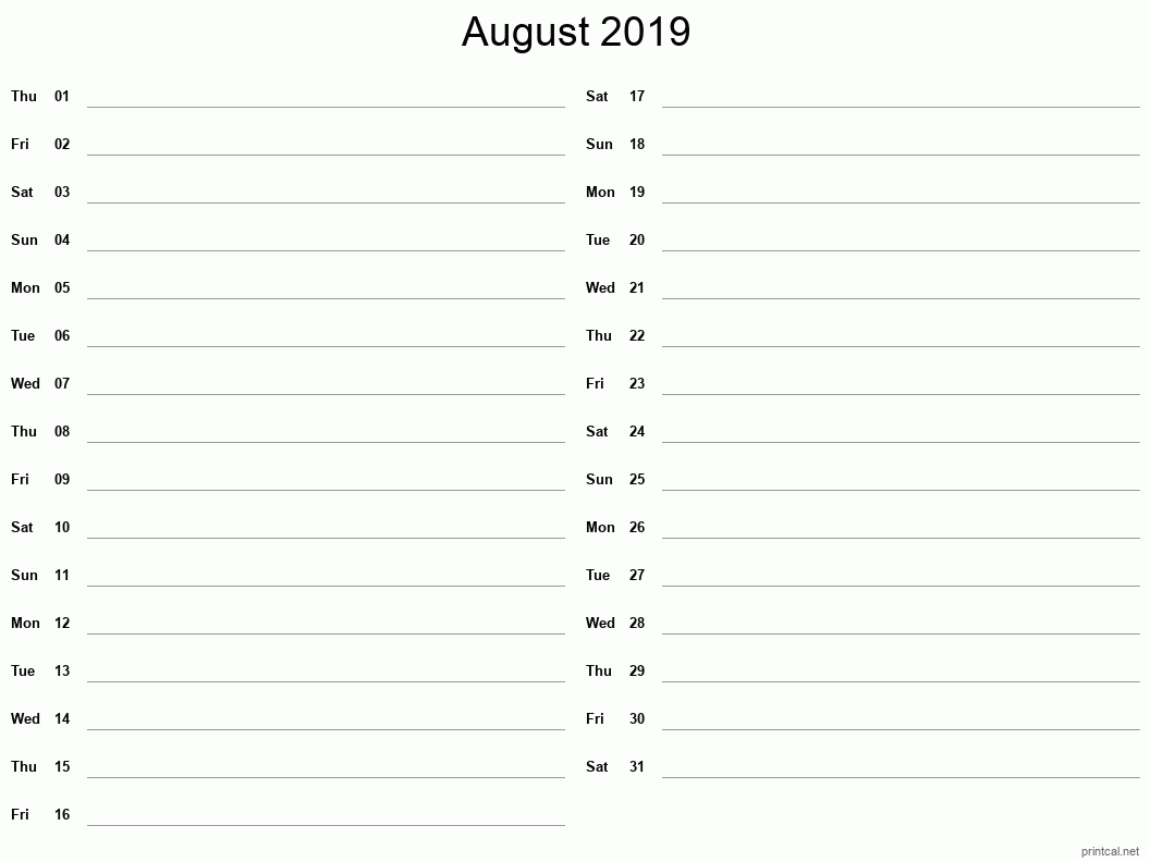 August 2019 Printable Calendar - Two Column Notesheet